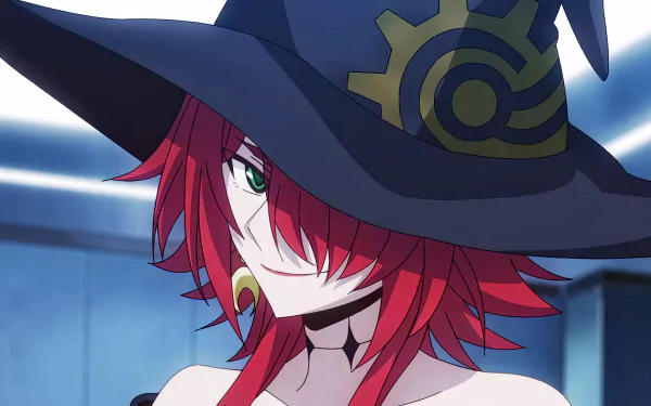 A vibrant HD wallpaper featuring Crimson from the anime Ragna Crimson, showcasing a character with striking red hair and a large, stylish black hat adorned with a golden design.