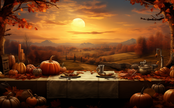 HD Thanksgiving desktop wallpaper featuring an autumnal feast setting with pumpkins and a picturesque sunset landscape.