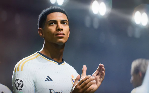 HD wallpaper of a digital rendering for EA SPORTS FC 24 featuring the footballer associated with Jude Bellingham in a white kit, applauding on the field.