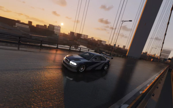 HD PC desktop wallpaper featuring a BMW M3 GTR from NFS Most Wanted on a wet city bridge at sunset with an abstract, cinematic atmosphere.