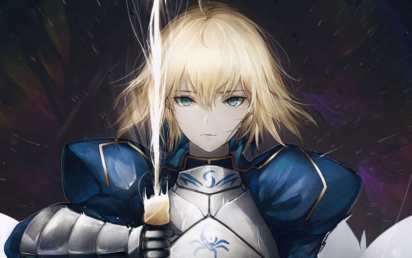 Saber from Fate/Stay Night anime in HD wallpaper with a dynamic pose against a dark, cosmic background, perfect for desktop backgrounds.