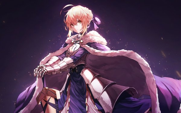 Saber from Fate/Stay Night anime series featured in a dynamic HD desktop wallpaper with a cosmic purple background.