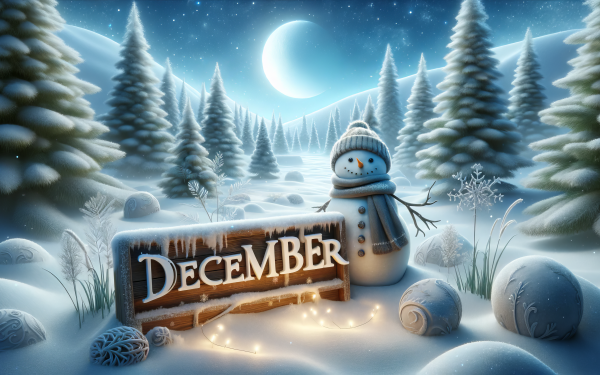 Winter wonderland with snowman and December sign under a moonlit sky HD desktop wallpaper