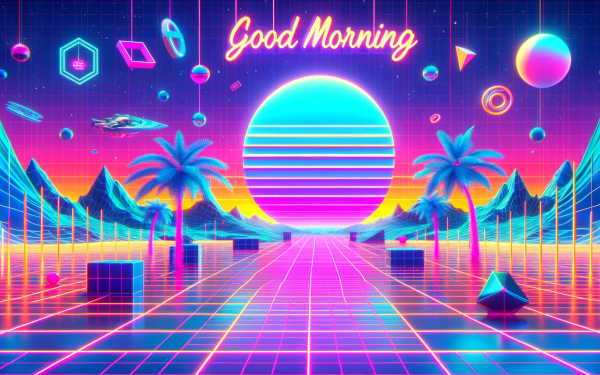 Vibrant retro-futuristic Good Morning wallpaper with a neon sunrise, palm trees, and geometric shapes. Perfect for a HD desktop background with a nostalgic 80s vibe.