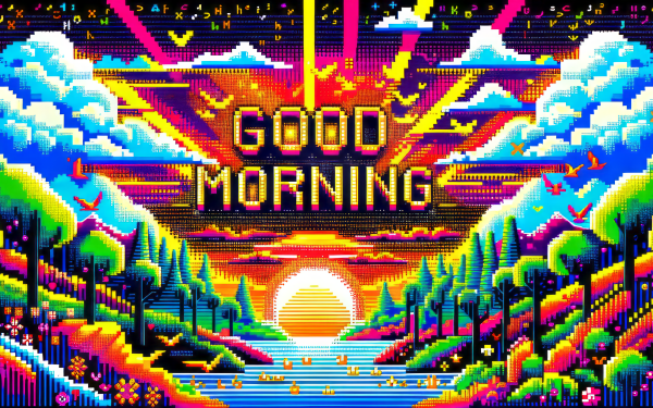 Colorful retro pixel art good morning wallpaper with vibrant sunrise and nature scene for HD desktop background.