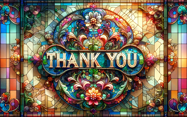 HD desktop wallpaper featuring a vibrant stained-glass design with a 'Thank You' message in a decorative font, suitable for backgrounds and expressions of gratitude.