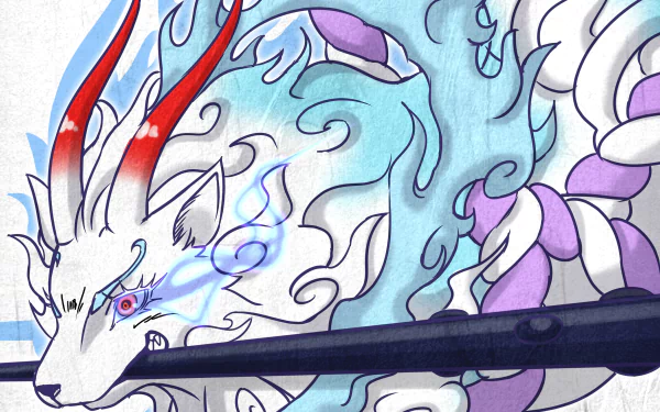 4K Ultra HD anime wallpaper featuring Yamato from One Piece, showcasing a dynamic blue and white dragon with red horns and glowing blue flames.