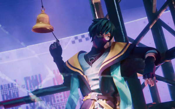 HD desktop wallpaper featuring Aphelios from League of Legends, wielding the weapon Heartsteel, set against a vibrant, urban backdrop.