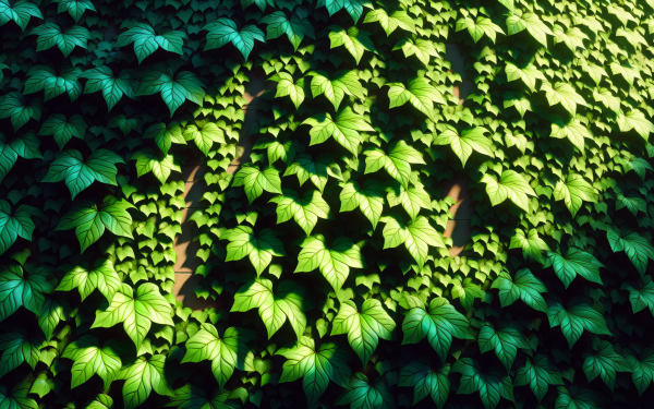 Ivy-covered wall with sunlight casting shadows, perfect as an HD desktop wallpaper or background.