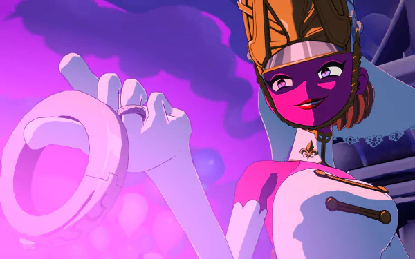 A vibrant HD wallpaper from Persona 5 Tactica, featuring a stylized character with striking colors and a playful expression against a dynamic purple backdrop.