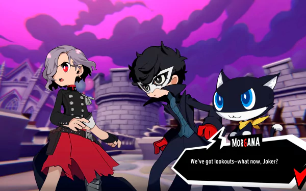 HD desktop wallpaper from Persona 5 Tactica featuring stylized characters in a dynamic pose with a vibrant purple background.