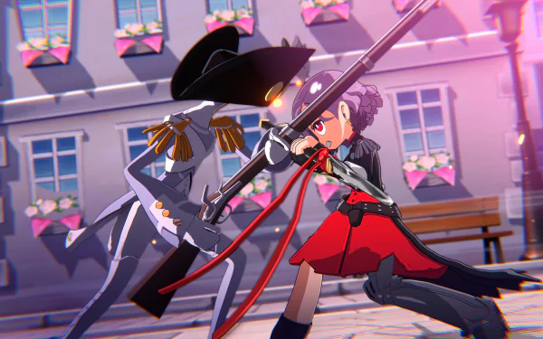 A dynamic HD desktop wallpaper from Persona 5 Tactica, featuring a character engaging in battle with a shadowy figure in a vibrant, stylized urban setting.