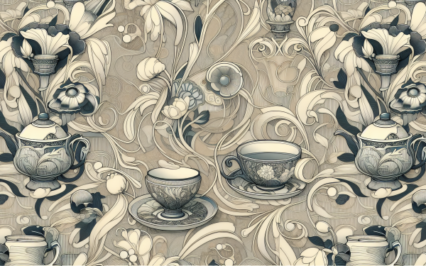 Elegant vintage tea cup and teapot wallpaper in a sepia-toned floral design for HD desktop background.