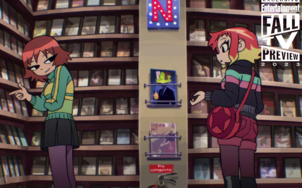 HD desktop wallpaper from Scott Pilgrim Takes Off featuring animated characters in a library setting with a vibrant color scheme.