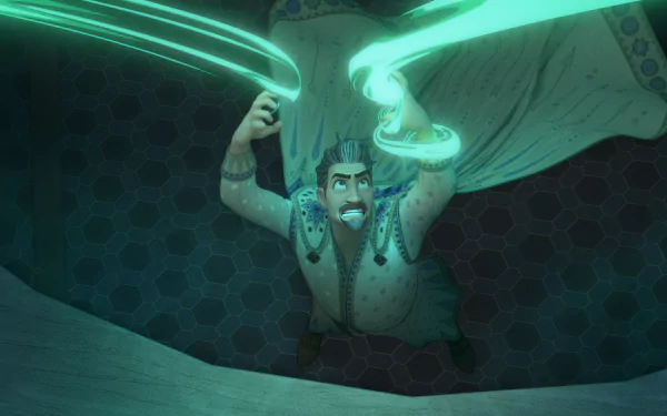 HD desktop wallpaper featuring an animated scene from Wish (2023) with a character casting a magical green spell.