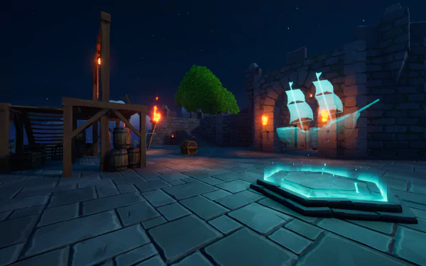 HD desktop wallpaper of Blazing Sails game featuring a pirate ship at night, glowing treasure map in the foreground with atmospheric torch-lit stone surroundings for background.