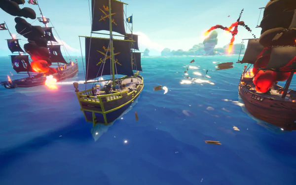 HD desktop wallpaper featuring Blazing Sails pirate ships engaged in a sea battle with cannons firing.