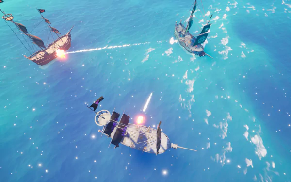 A stunning HD wallpaper from the video game Blazing Sails, showcasing an intense naval battle with ships exchanging cannon fire on sparkling blue waters.