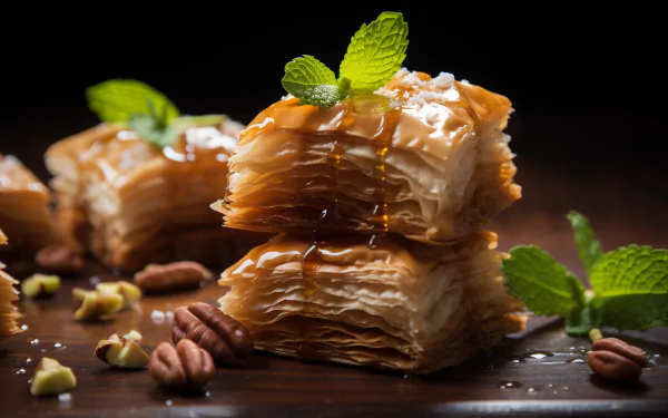 A close-up of delicious baklava, featuring layers of flaky pastry drizzled with syrup, garnished with fresh mint. Captivating food wallpaper highlighting this sweet treat.