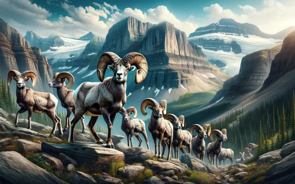 HD desktop wallpaper featuring bighorn sheep in a majestic mountain landscape.