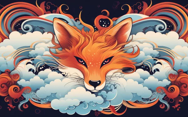 A vibrant AI art HD desktop wallpaper featuring a stylized fox head emerging from layered clouds with intricate Japan-inspired patterns and swirling designs.
