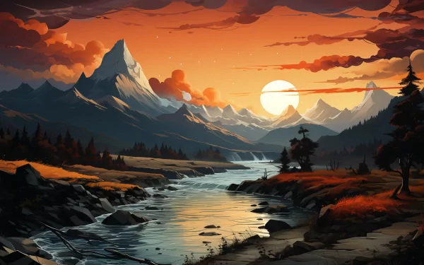 HD wallpaper of a vibrant sunset over a mountainous landscape with a river flowing through it.
