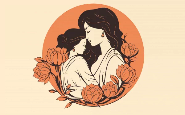 Mother embracing child in a loving pose surrounded by flowers, Mother's Day themed HD desktop wallpaper.
