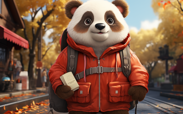 HD wallpaper of an adorable animated panda wearing a red jacket and backpack, standing on a street with autumn leaves, ideal for desktop background.