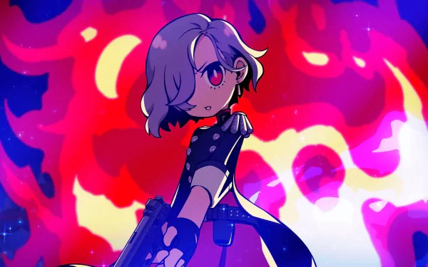 Stylish HD wallpaper of Persona 5 character with vibrant red and blue background for desktop.