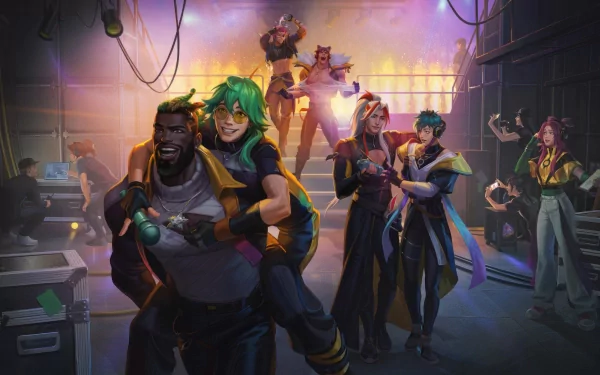 A vibrant HD wallpaper featuring characters Ezreal, Yone, K'Sante, and Aphelios from League of Legends, set against a dynamic stage backdrop with colorful lighting.