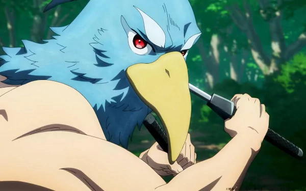 HD wallpaper of an animated character from Shangri-la Frontier with a bird-like appearance holding a weapon, set against a forest background.