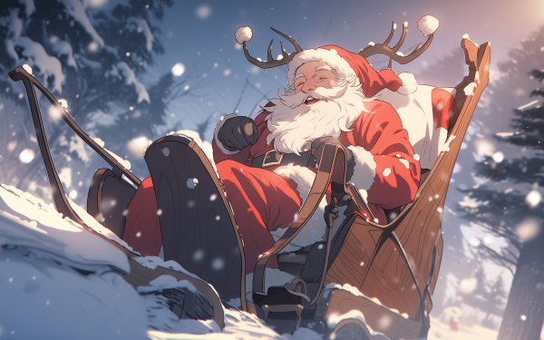 HD Christmas wallpaper featuring a cheerful Santa Claus riding a sled through a snowy landscape.