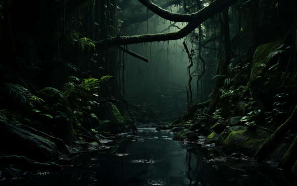 Mystical rainforest with lush greenery and serene stream, perfect for HD desktop wallpaper and background.