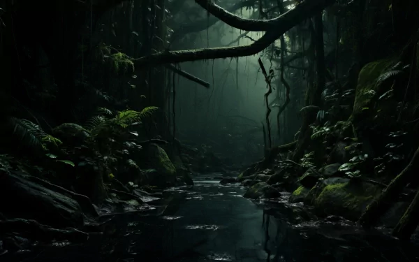 A serene rainforest scene featuring lush greenery and a tranquil stream, captured in 4K Ultra HD, bringing nature’s beauty into your desktop environment.