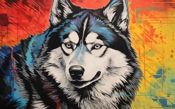 HD wallpaper featuring a vibrant artistic rendition of a Husky dog with a colorful abstract background.