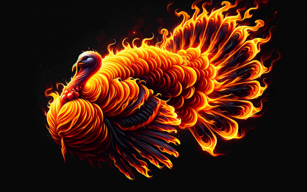 HD wallpaper of a vibrant flaming turkey illustration with a black background perfect for desktop.