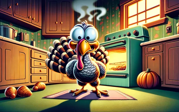 Thanksgiving themed HD wallpaper featuring a cartoon turkey in a festive kitchen setting with pie baking in the oven.