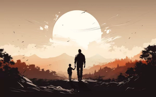 Father and child silhouette against sunset, Father's Day themed HD desktop wallpaper.