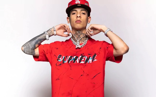 HD wallpaper of a young man in a red Supreme shirt with trendy jewelry, posing confidently as a stylish desktop background.