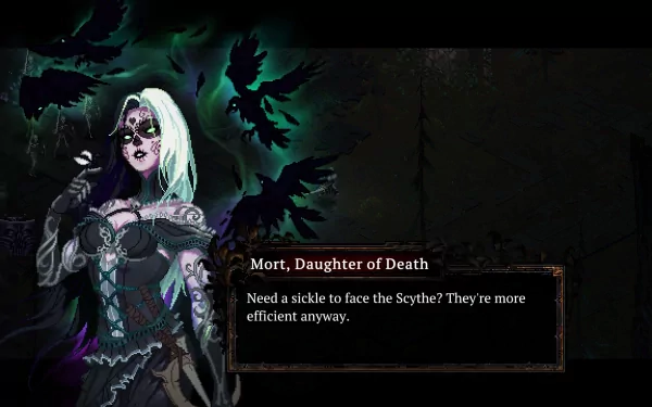 Death Must Die HD wallpaper featuring a stylized female character titled 'Mort, Daughter of Death' with dark ethereal energy and text overlay.