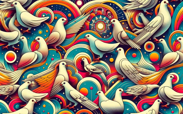 A vibrant HD wallpaper featuring an artistic pattern of colorful pigeons against a dynamic background of swirls and circles, capturing a lively and whimsical atmosphere.