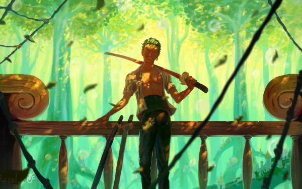 HD desktop wallpaper featuring Roronoa Zoro from the anime One Piece, standing confidently with swords, set against a serene forest background with dappled sunlight and vibrant greenery.