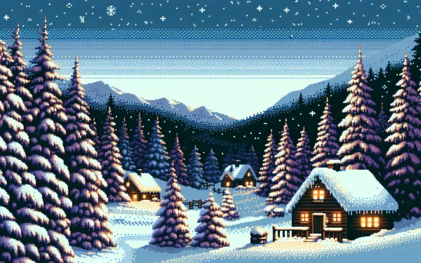 HD wallpaper of a pixel art winter wonderland scene with snow-covered trees and a cozy cabin at night.