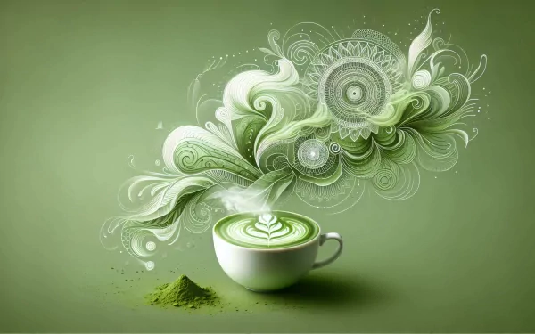 HD desktop wallpaper featuring an artistic illustration of a green tea latte with whimsical swirls on a green background.