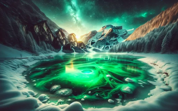 HD wallpaper featuring a stunning aurora over a frozen lake surrounded by snowy mountains.
