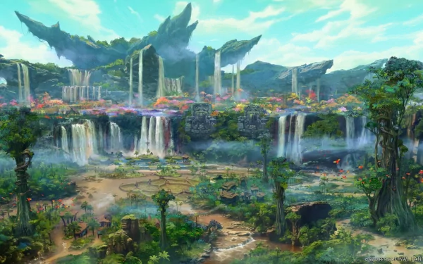 HD desktop wallpaper featuring the stunning landscape of Final Fantasy XIV: Dawntrail with majestic waterfalls and lush greenery.