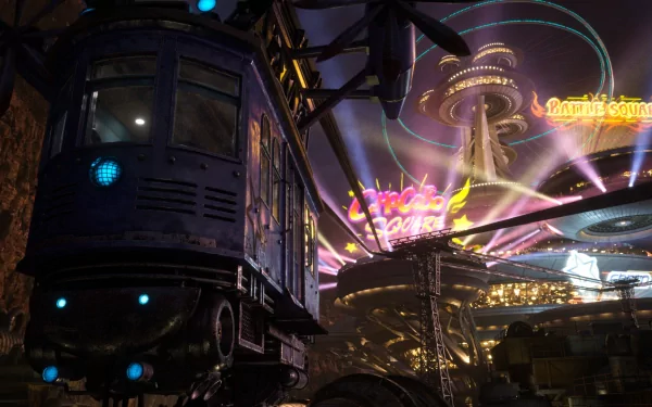 HD wallpaper of Final Fantasy VII Rebirth featuring a dramatic view of a train with the vibrant Gold Saucer amusement park in the background.