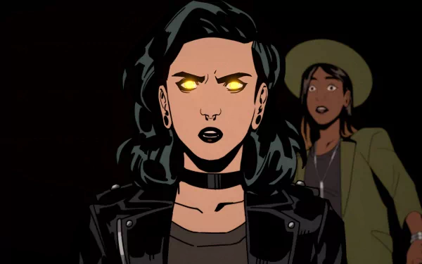 HD wallpaper of 'Stray Gods: The Roleplaying Musical' featuring two animated characters, one with glowing yellow eyes in the foreground and the other looking surprised in the background.