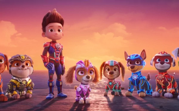 HD wallpaper featuring characters from PAW Patrol: The Mighty Movie standing heroically with a sunset backdrop for desktop background.