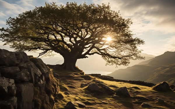 Majestic tree symbolizing Yggdrasil with golden sunset light in a serene HD landscape, ideal for desktop wallpaper and background.
